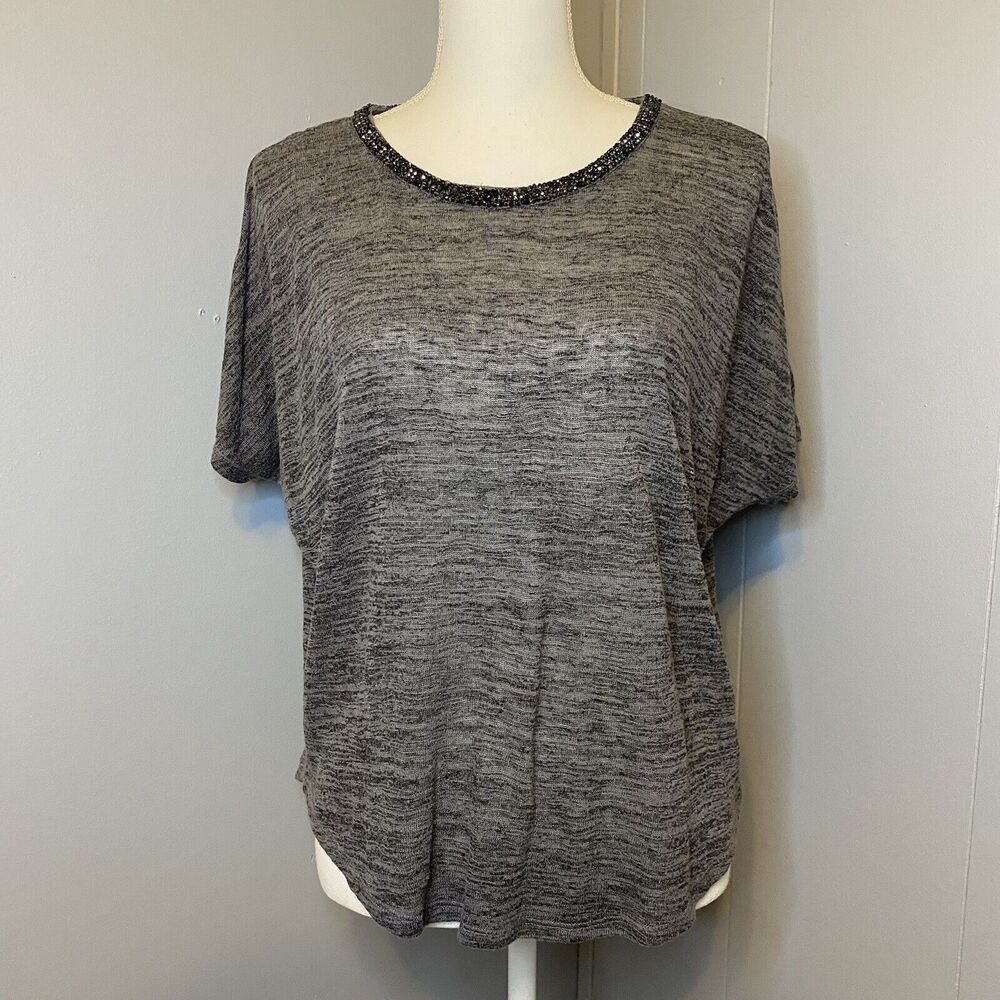 Juicy Couture Knit Tee Light Heather Grey Jeweled Neckline Cold Shoulder Blouse